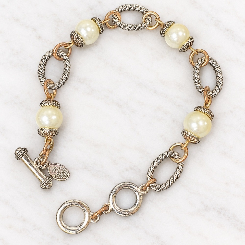 Premier Designs Faux Pearl Rope Chain Toggle Bracelet Mixed Metal 8"